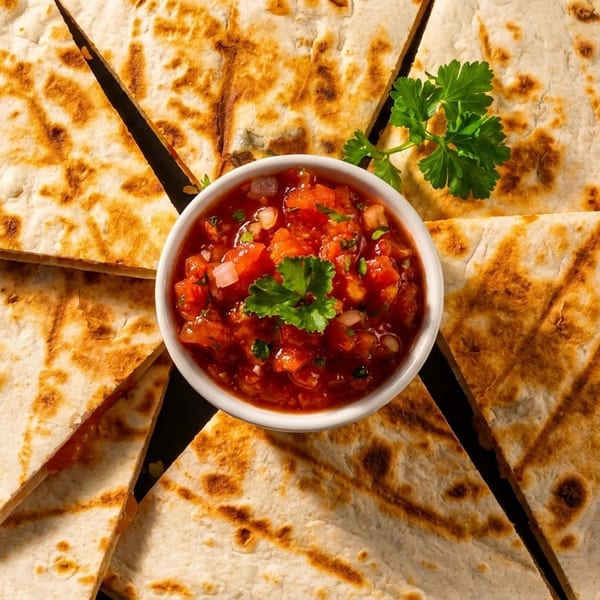 Golden-brown quesadilla wedges arranged around a white bowl of fresh salsa, garnished with parsley.