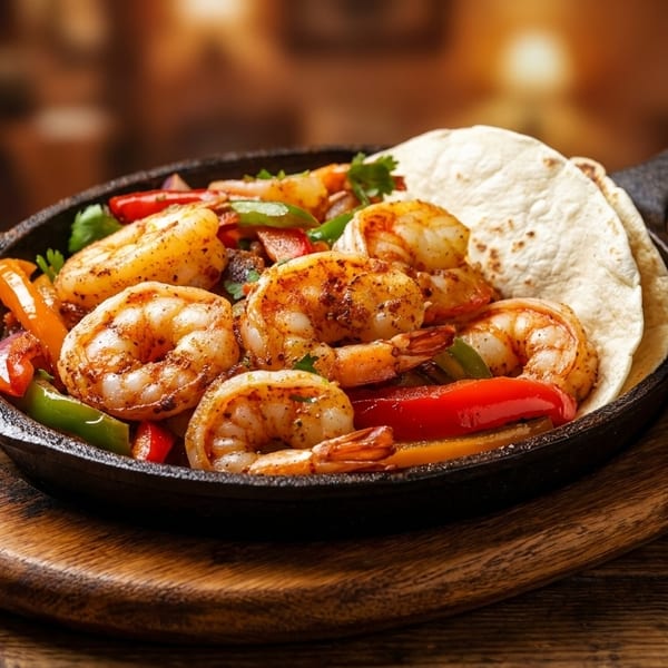 Sizzling shrimp fajitas with colorful bell peppers, onions, and tortillas in a cast iron skillet.