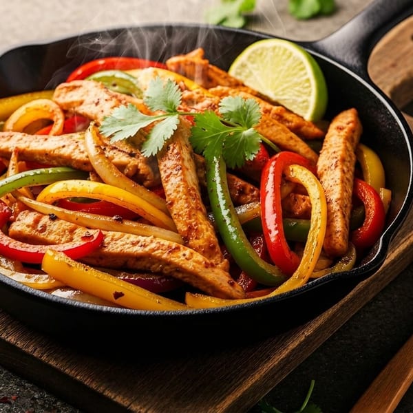 Sizzling chicken fajitas with colorful bell peppers, onions, and lime in a cast iron skillet.