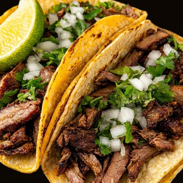 Two carne asada street tacos with cilantro, diced onions, and a lime wedge.