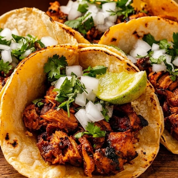 Four al pastor tacos with chicken, cilantro, onions, and lime wedges on a wooden surface.
