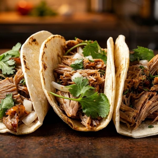 Three delicious carnitas tacos with cilantro and onions on a dark, rustic surface.